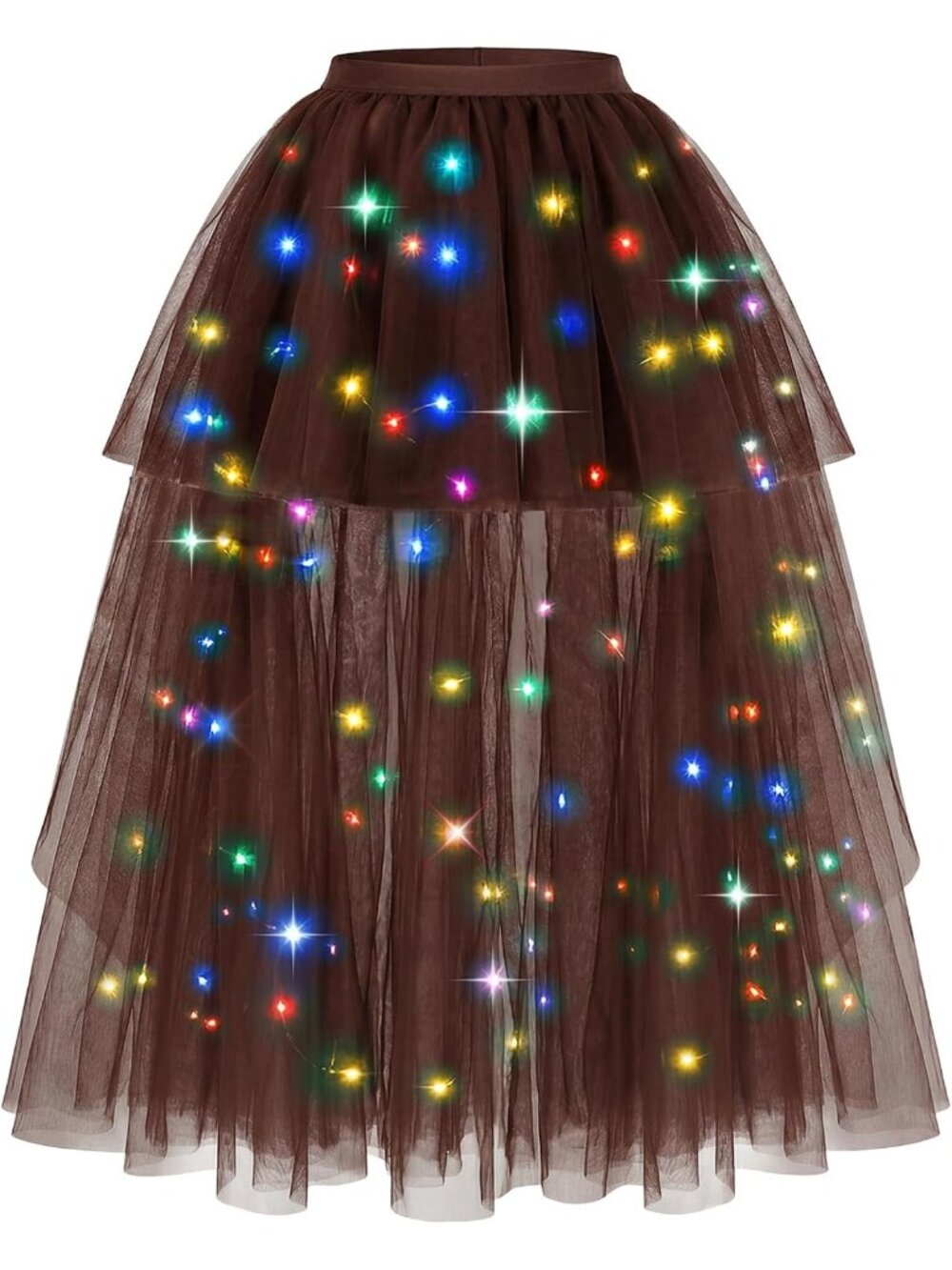 Women LED Light Up Tulle Tutu Skirt High Low Fluffy Sequin Ballet Dress-Brown